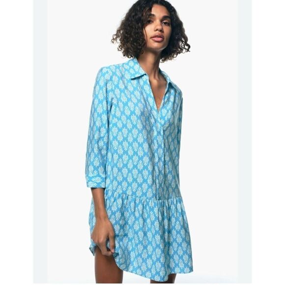 ZARA blue/white print short ruffle hem babydoll dress boho Sz M - Picture 2 of 12